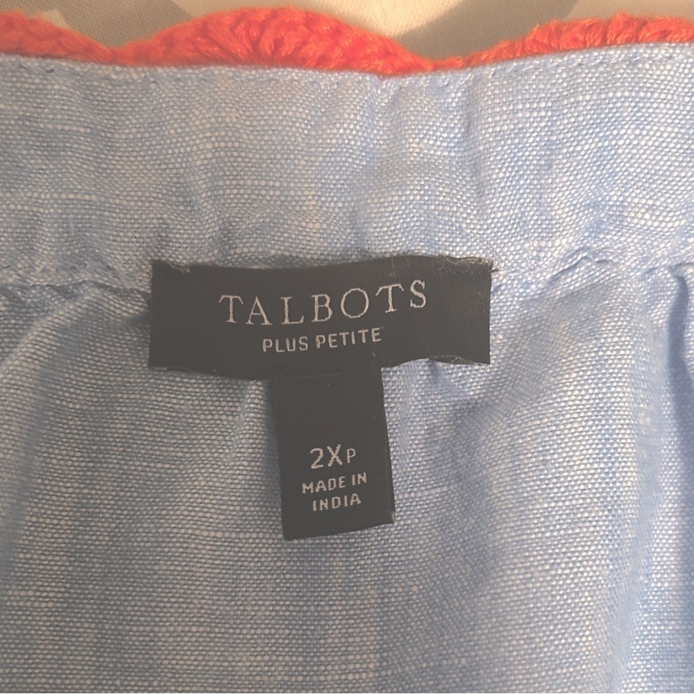 Talbots Blue Linen Top Crochet Trim Pink Coral Short Tie Sleeve Blouse size 2XP - Picture 14 of 16